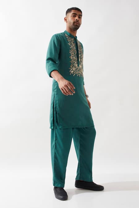 Son Of A Noble Snob_Emerald Green Tencel, Satin Cut Work Embroidered Kurta Set _Online_at_Aza_Fashions