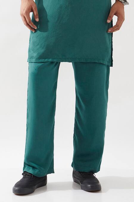 Shop_Son Of A Noble Snob_Emerald Green Tencel, Satin Cut Work Embroidered Kurta Set _Online_at_Aza_Fashions