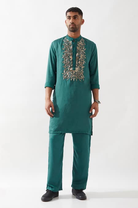 Son of A Noble Snob Emerald Green Tencel, Satin Cut Work Embroidered Kurta Set 