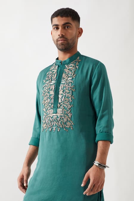 Son Of A Noble Snob_Emerald Green Tencel, Satin Cut Work Embroidered Kurta Set _at_Aza_Fashions