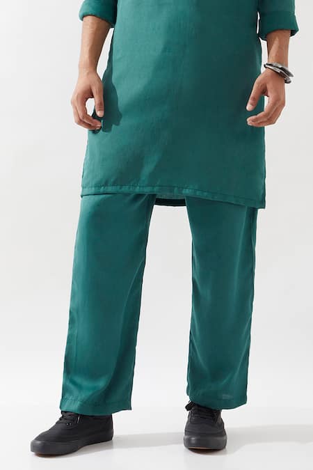 Son Of A Noble Snob_Emerald Green Tencel, Satin Beads Embroidered Kurta Set _Online_at_Aza_Fashions