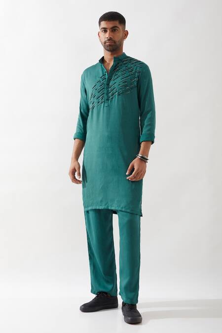 Buy_Son Of A Noble Snob_Emerald Green Tencel, Satin Beads Embroidered Kurta Set _Online_at_Aza_Fashions