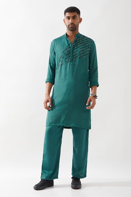 Son of A Noble Snob Emerald Green Tencel, Satin Beads Embroidered Kurta Set 