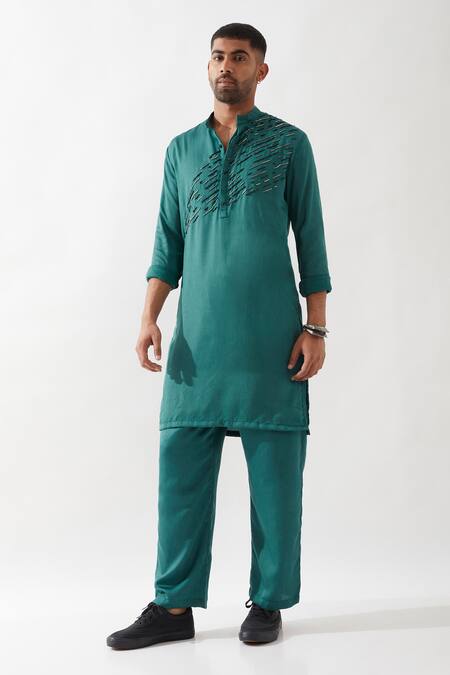 Shop_Son Of A Noble Snob_Emerald Green Tencel, Satin Beads Embroidered Kurta Set _Online_at_Aza_Fashions