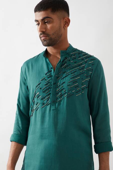 Son Of A Noble Snob_Emerald Green Tencel, Satin Beads Embroidered Kurta Set _at_Aza_Fashions