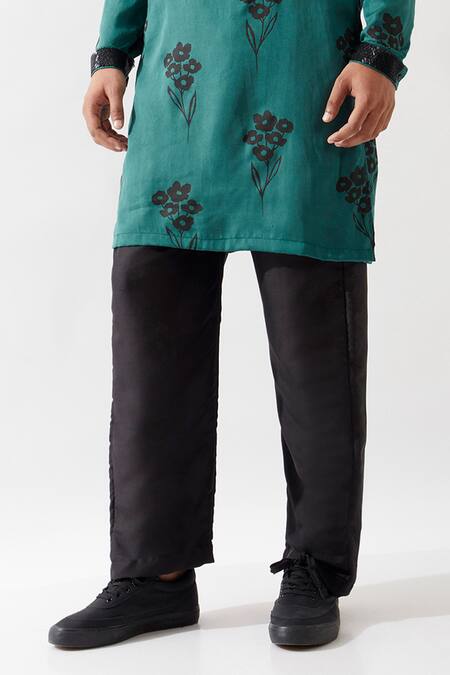 Son Of A Noble Snob_Emerald Green Tencel Embroidery Printed Kurta Set _Online_at_Aza_Fashions