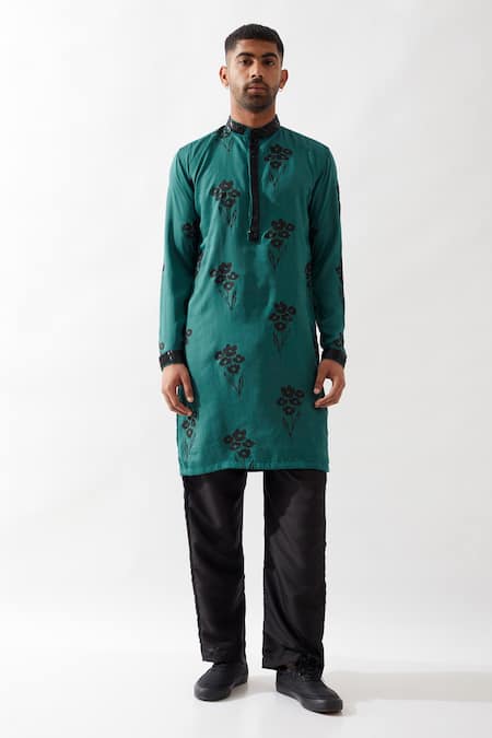 Buy_Son Of A Noble Snob_Emerald Green Tencel Embroidery Printed Kurta Set _Online_at_Aza_Fashions