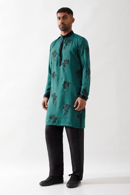 Shop_Son Of A Noble Snob_Emerald Green Tencel Embroidery Printed Kurta Set _Online_at_Aza_Fashions