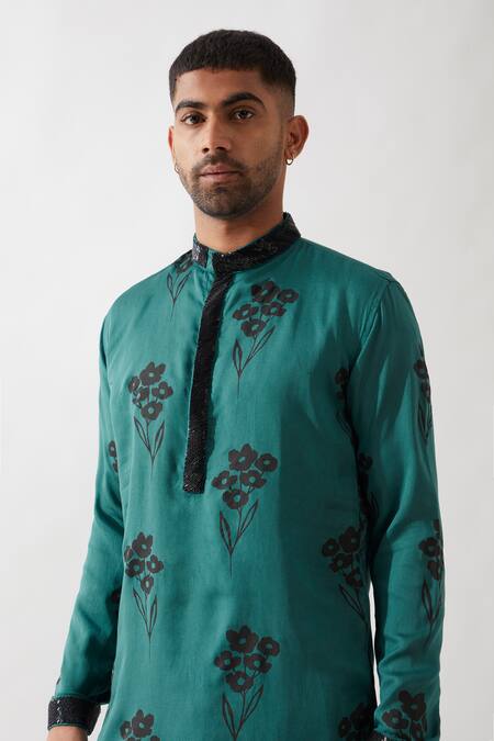 Son Of A Noble Snob_Emerald Green Tencel Embroidery Printed Kurta Set _at_Aza_Fashions