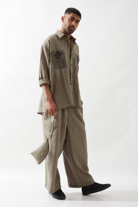 Son Of A Noble Snob_Olive Green Linen Embroidery Anti Fit Shirt And Trouser Set _Online_at_Aza_Fashions