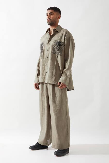 Buy_Son Of A Noble Snob_Olive Green Linen Embroidery Anti Fit Shirt And Trouser Set _Online_at_Aza_Fashions