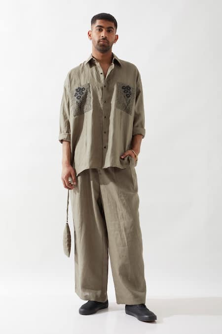 Shop_Son Of A Noble Snob_Olive Green Linen Embroidery Anti Fit Shirt And Trouser Set _Online_at_Aza_Fashions