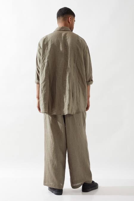 Son Of A Noble Snob_Olive Green Linen Embroidery Anti Fit Shirt And Trouser Set _at_Aza_Fashions