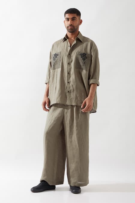 Shop_Son Of A Noble Snob_Olive Green Linen Embroidery Anti Fit Shirt And Trouser Set 