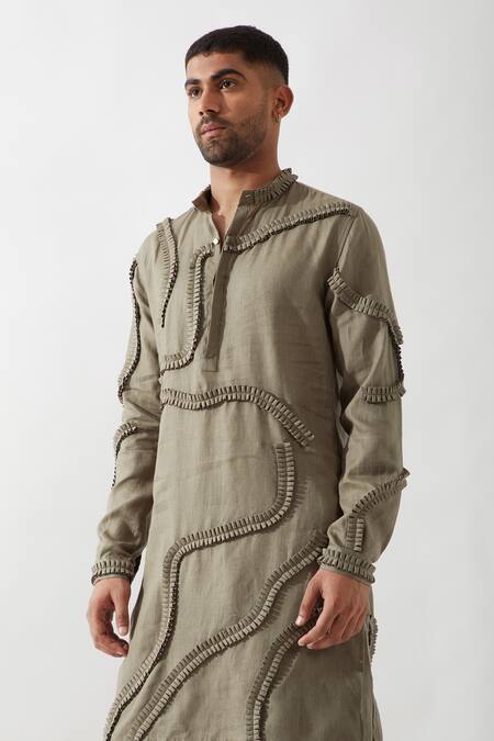 Buy Son Of A Noble Snob Olive Green Linen Caterpillar Texture Kurta Set Buy_Son Of A Noble Snob_Olive Green Linen Caterpillar Texture Kurta Set
