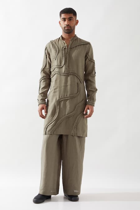 Son of A Noble Snob Olive Green Linen Caterpillar Texture Kurta Set 