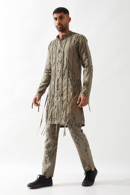 Buy Son Of A Noble Snob Olive Green Linen Printed Slim Fit Kurta Set Online at Aza Fashions Buy_Son Of A Noble Snob_Olive Green Linen Printed Slim Fit Kurta Set _Online_at_Aza_Fashions