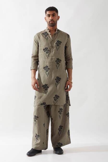 Son Of A Noble Snob Olive Green Linen Embroidery Printed Kurta Set Online at Aza Fashions Son Of A Noble Snob_Olive Green Linen Embroidery Printed Kurta Set _Online_at_Aza_Fashions