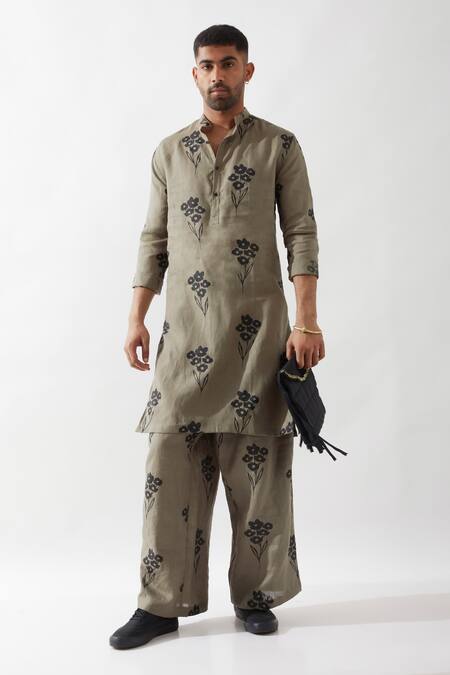 Buy Son Of A Noble Snob Olive Green Linen Embroidery Printed Kurta Set Buy_Son Of A Noble Snob_Olive Green Linen Embroidery Printed Kurta Set