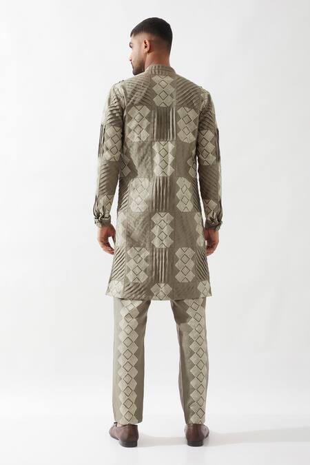 Shop Son Of A Noble Snob Olive Green Linen Printed Kurta And Trouser Set at Aza Fashions Shop_Son Of A Noble Snob_Olive Green Linen Printed Kurta And Trouser Set _at_Aza_Fashions