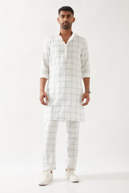 Shop Son Of A Noble Snob White Linen Printed Slim Fit Kurta Set Shop_Son Of A Noble Snob_White Linen Printed Slim Fit Kurta Set