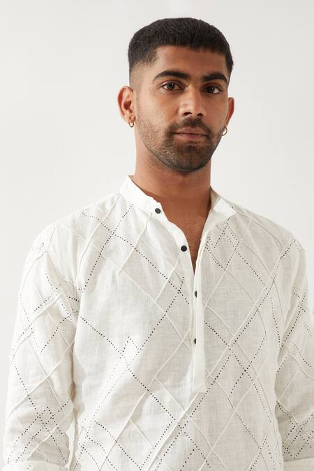 Shop Son Of A Noble Snob White Linen Embroidery Printed Slim Fit Kurta Set Shop_Son Of A Noble Snob_White Linen Embroidery Printed Slim Fit Kurta Set