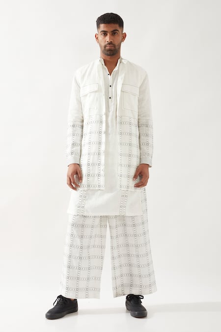 Son of A Noble Snob White Linen Applique Printed Bundi Kurta Trouser Set 