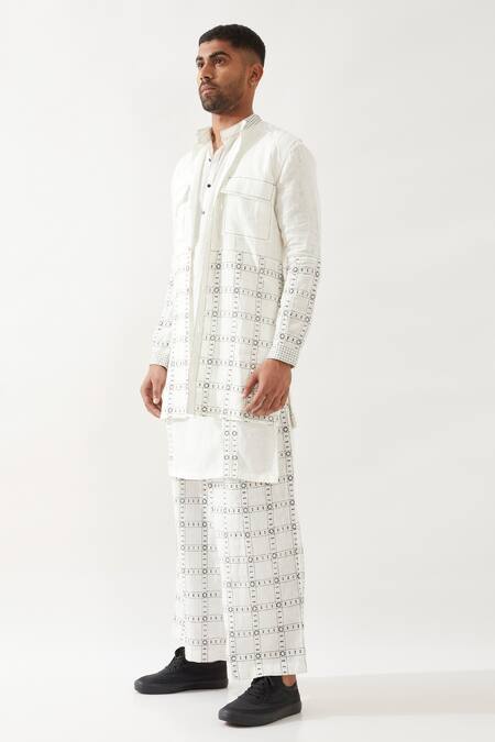 Son Of A Noble Snob_White Linen Applique Printed Bundi Kurta Trouser Set _Online_at_Aza_Fashions