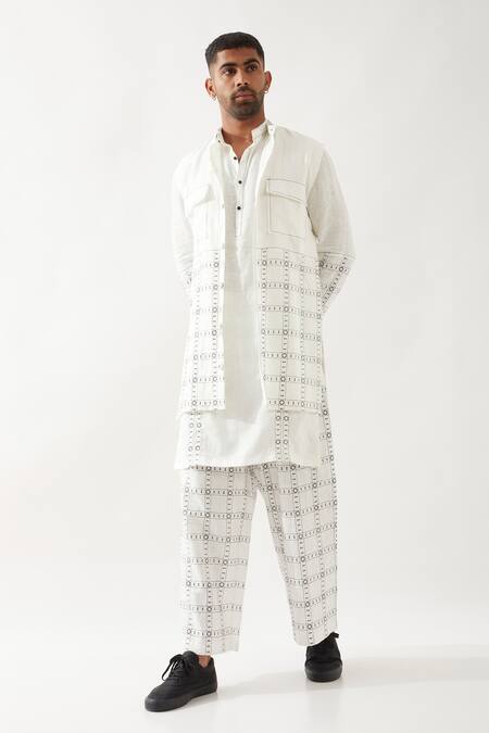 Buy_Son Of A Noble Snob_White Linen Applique Printed Bundi Kurta Trouser Set _Online_at_Aza_Fashions