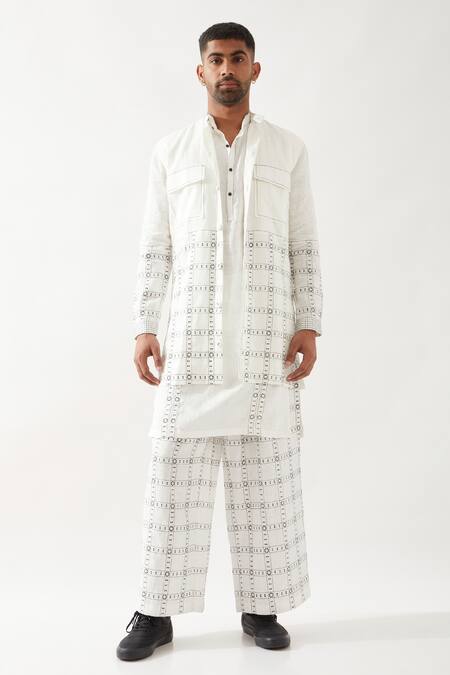Shop_Son Of A Noble Snob_White Linen Applique Printed Bundi Kurta Trouser Set _Online_at_Aza_Fashions