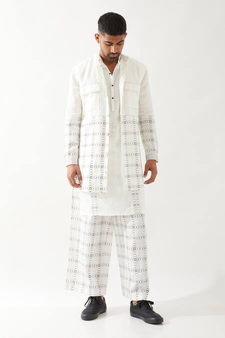 Son Of A Noble Snob_White Linen Applique Printed Bundi Kurta Trouser Set _at_Aza_Fashions