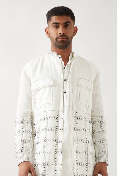 Shop_Son Of A Noble Snob_White Linen Applique Printed Bundi Kurta Trouser Set 