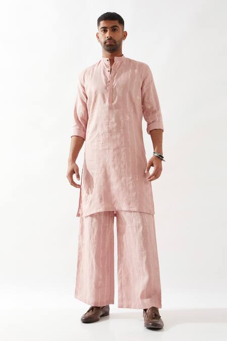 Buy Son Of A Noble Snob Pink Linen Embroidery Printed Slim Fit Kurta Set Online at Aza Fashions Buy_Son Of A Noble Snob_Pink Linen Embroidery Printed Slim Fit Kurta Set _Online_at_Aza_Fashions