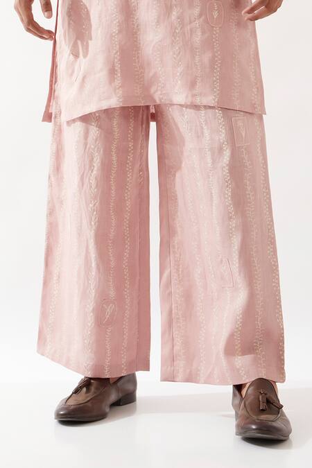 Shop Son Of A Noble Snob Pink Linen Embroidery Printed Slim Fit Kurta Set Shop_Son Of A Noble Snob_Pink Linen Embroidery Printed Slim Fit Kurta Set