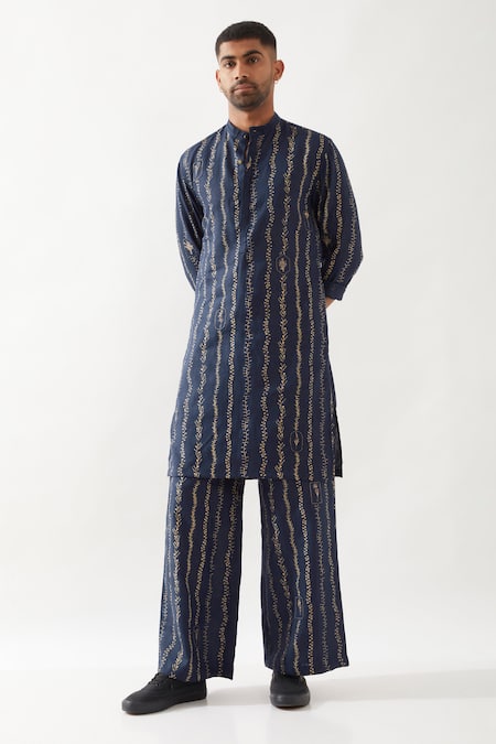 Buy Son Of A Noble Snob Navy Linen Printed Kurta And Trouser Set Online at Aza Fashions Buy_Son Of A Noble Snob_Navy Linen Printed Kurta And Trouser Set _Online_at_Aza_Fashions