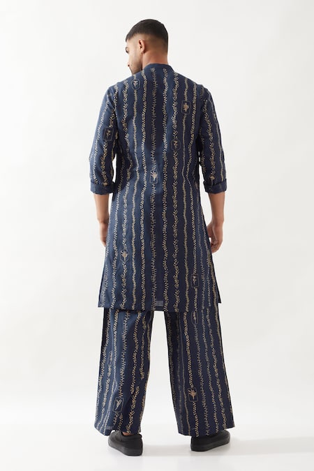 Shop Son Of A Noble Snob Navy Linen Printed Kurta And Trouser Set at Aza Fashions Shop_Son Of A Noble Snob_Navy Linen Printed Kurta And Trouser Set _at_Aza_Fashions