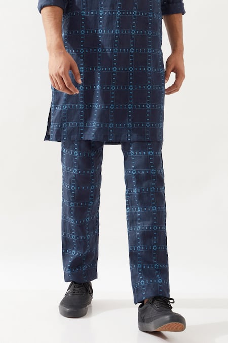 Buy_Son Of A Noble Snob_Navy Linen Printed Slim Fit Kurta Set _Online_at_Aza_Fashions