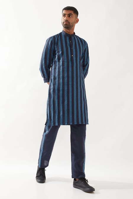 Son of A Noble Snob Navy Linen Printed Slim Fit Kurta Set 