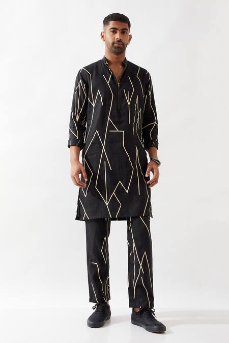 Buy_Son Of A Noble Snob_Black Linen Printed Slim Fit Kurta Set _Online_at_Aza_Fashions