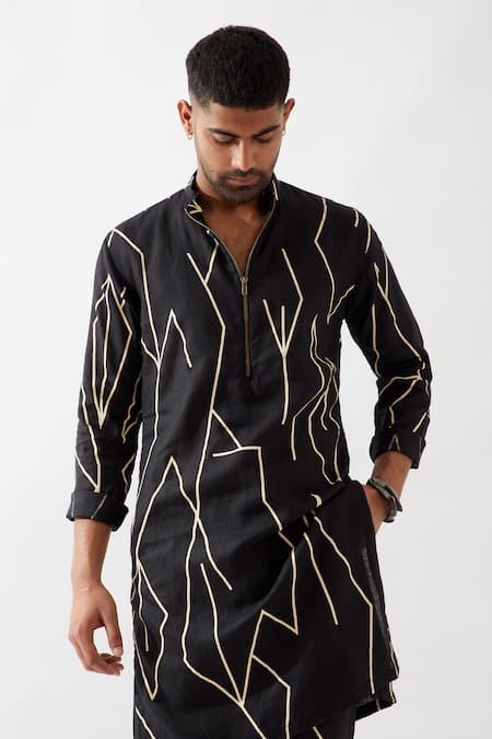Shop_Son Of A Noble Snob_Black Linen Printed Slim Fit Kurta Set _Online_at_Aza_Fashions
