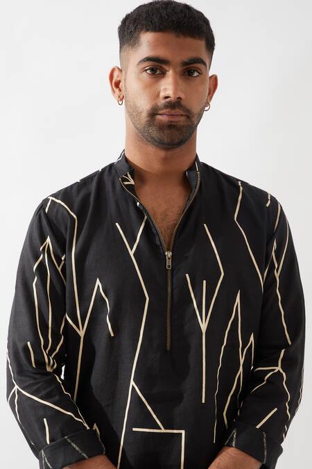 Son Of A Noble Snob_Black Linen Printed Slim Fit Kurta Set _at_Aza_Fashions