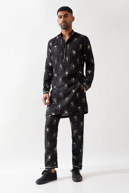 Son of A Noble Snob Black Linen Embroidery Slate Stamp Kurta Set 