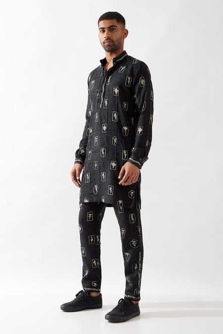 Son Of A Noble Snob Black Linen Embroidery Slate Stamp Kurta Set Online at Aza Fashions Son Of A Noble Snob_Black Linen Embroidery Slate Stamp Kurta Set _Online_at_Aza_Fashions