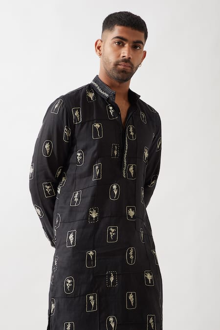 Son Of A Noble Snob Black Linen Embroidery Slate Stamp Kurta Set at Aza Fashions Son Of A Noble Snob_Black Linen Embroidery Slate Stamp Kurta Set _at_Aza_Fashions