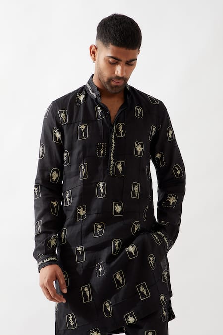 Shop Son Of A Noble Snob Black Linen Embroidery Slate Stamp Kurta Set Shop_Son Of A Noble Snob_Black Linen Embroidery Slate Stamp Kurta Set