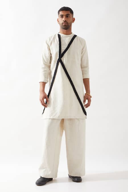 Son of A Noble Snob Ivory Linen Caterpillar Textured Kurta Set 