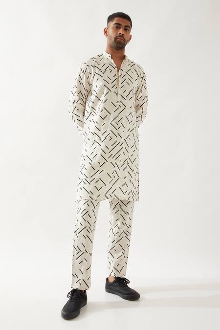 Shop Son Of A Noble Snob Ivory Linen Applique Printed Slim Fit Kurta Set Online at Aza Fashions Shop_Son Of A Noble Snob_Ivory Linen Applique Printed Slim Fit Kurta Set _Online_at_Aza_Fashions