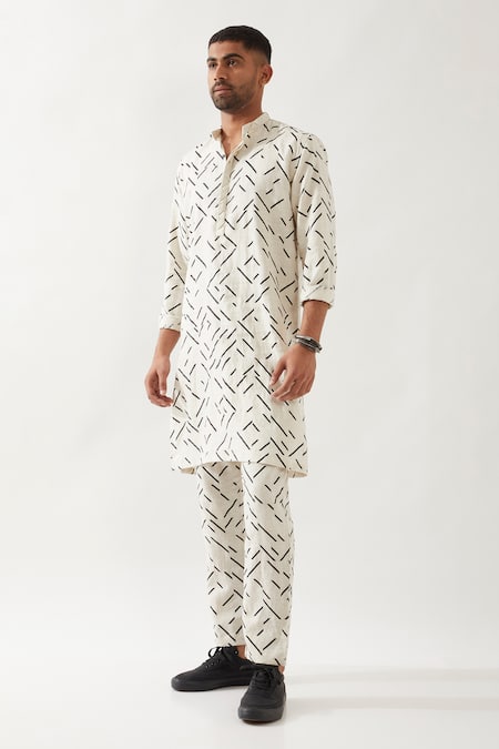 Son of A Noble Snob Ivory Linen Applique Printed Slim Fit Kurta Set 