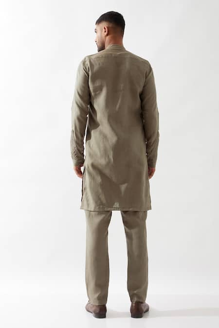 Shop Son Of A Noble Snob Olive Green Linen Embroidery Slim Fit Kurta And Trouser Set at Aza Fashions Shop_Son Of A Noble Snob_Olive Green Linen Embroidery Slim Fit Kurta And Trouser Set _at_Aza_Fashions