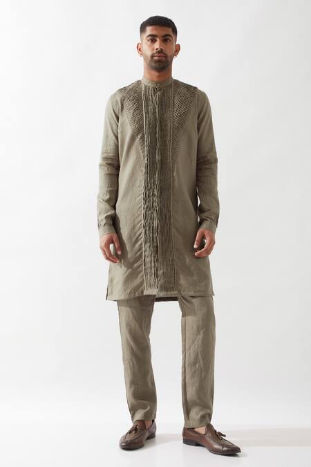 Shop Son Of A Noble Snob Olive Green Linen Embroidery Slim Fit Kurta And Trouser Set Online at Aza Fashions Shop_Son Of A Noble Snob_Olive Green Linen Embroidery Slim Fit Kurta And Trouser Set _Online_at_Aza_Fashions
